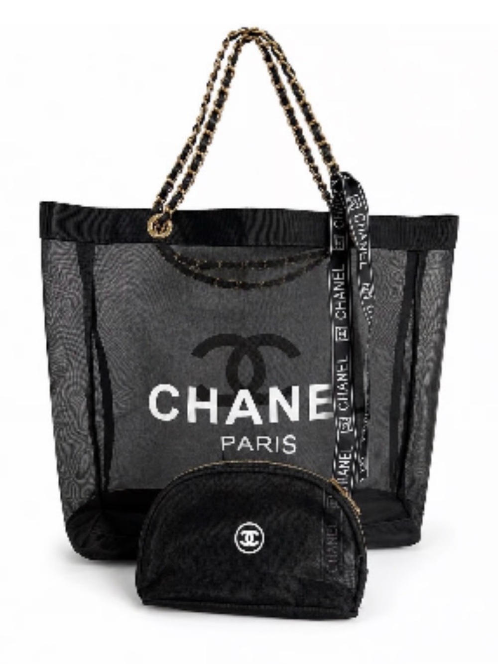CHANEL Black Mesh Tote with Chain Handles and Logo Pouch